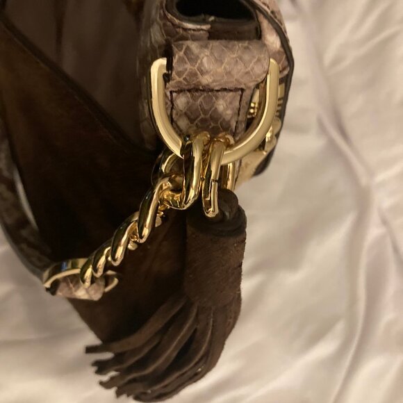 NWOT MICHAEL KORS Bedford Embossed Python Brown Suede Shoulder Handbag - Picture 11 of 12